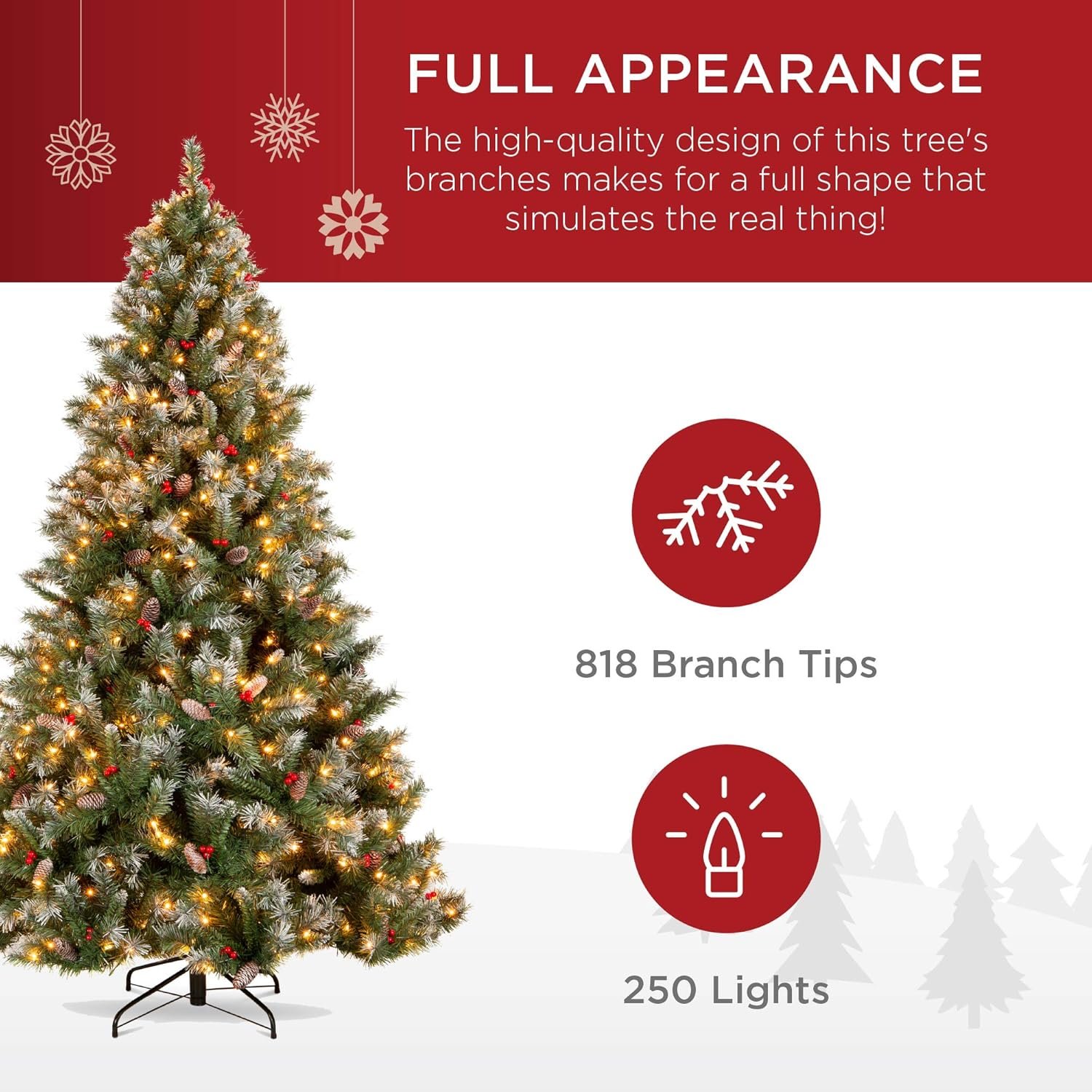 Best Choice Products Christmas Tree Pre-Lit, Pre-Decorated Artificial 6ft Frosted Pine Holiday Decoration w/Frosted Tips, Pine Cones, Berries - Image 6