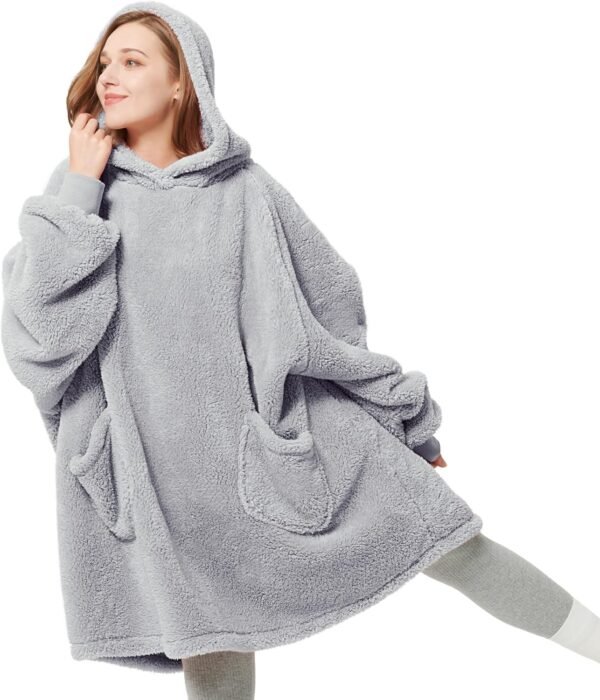 Bedsure Wearable Blanket Hoodie Gifts for Women - Cozy Sherpa Hoodie Blanket for Adult Men, Warm Hooded Blanket Sweatshirt, Grey - Image 2