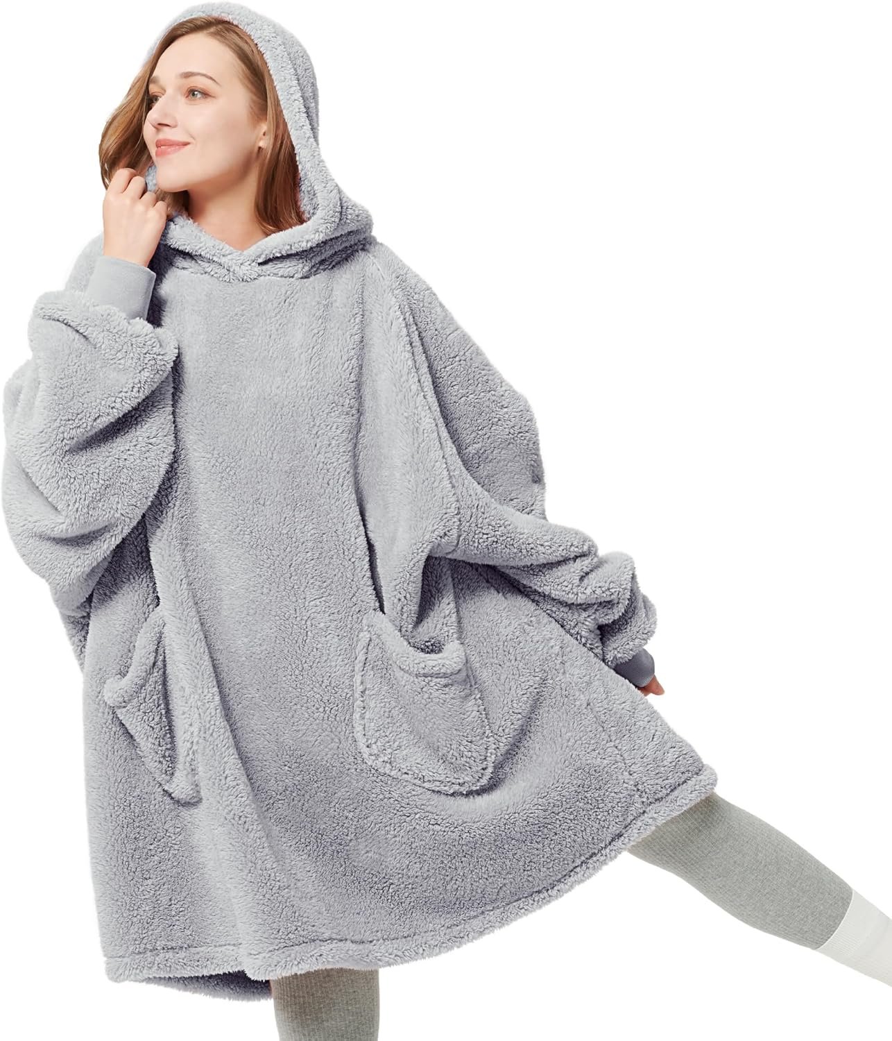 Bedsure Wearable Blanket Hoodie Gifts for Women - Cozy Sherpa Hoodie Blanket for Adult Men, Warm Hooded Blanket Sweatshirt, Grey - Image 2