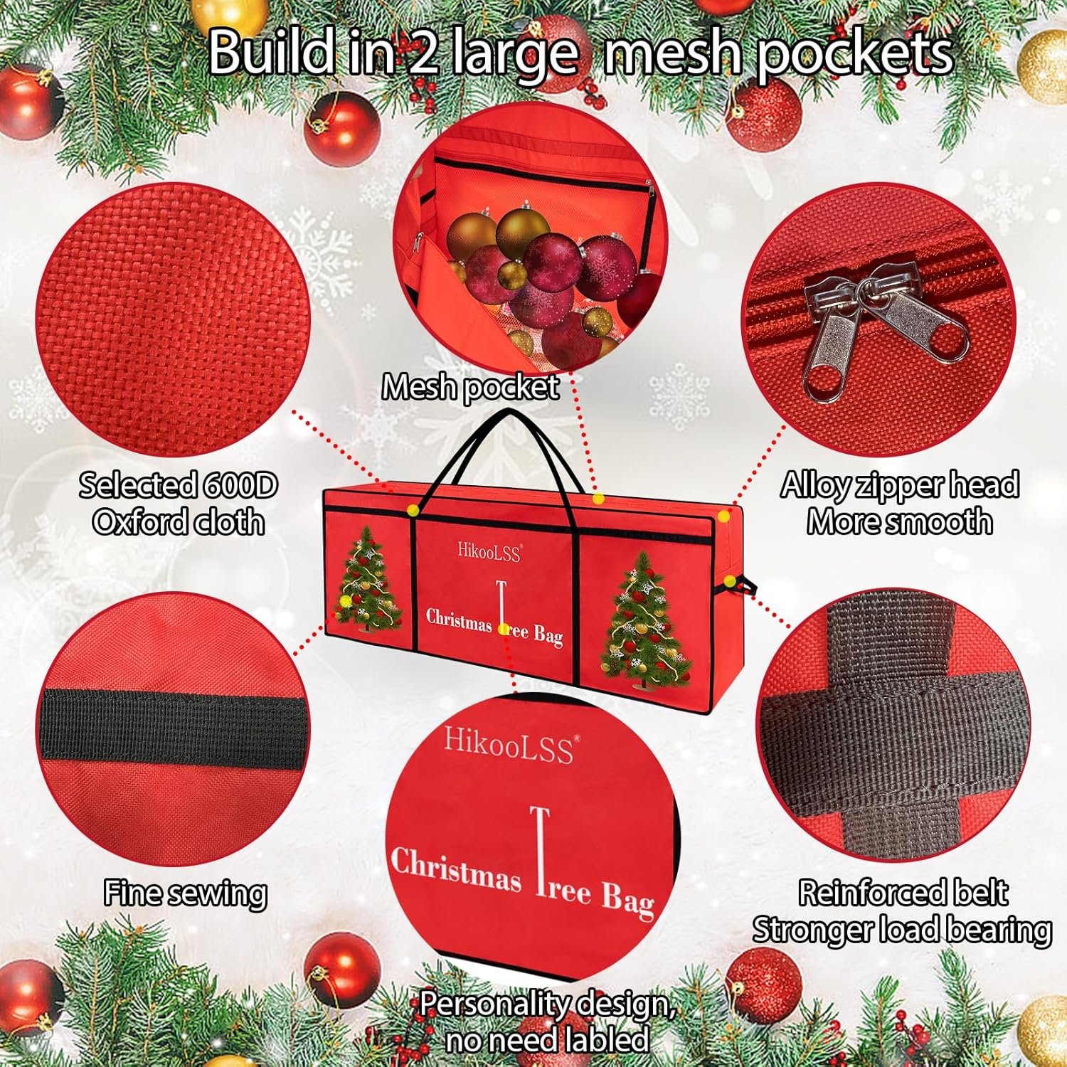 Christmas Tree Bags Storage 7.5 Ft Christmas Tree Storage Bag,Reusable Heavy Duty 600D Oxford Santa Tree Box/Container/Holder for Big Artificial Xmas Tree/Holiday Trees Red(60X18X25in) - Image 6