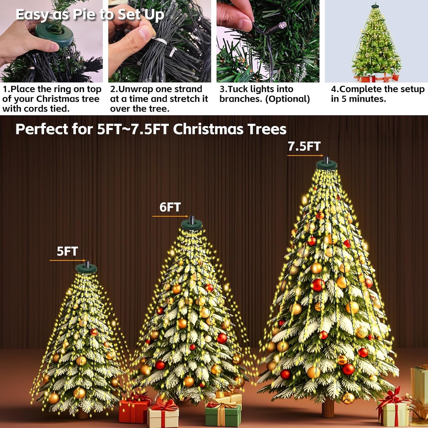 Upgraded Christmas Lights for Tree Indoor, 416 LEDs Christmas String Lights with 8 Modes, Timer & Memory Function, 16 Strands of 6.9FT LED String Lights, Waterproof Outdoor Tree Decoration Warm White - Image 7