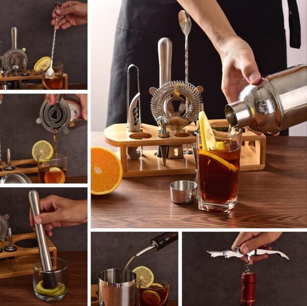 Cocktail Shaker Set Bartender Kit : 12-Piece Bar Tool Set with Bamboo Stand | Bar Set with All Practical Bar Accessories, for Drink Mixing, Bar, Home, Lounge & Party (Silver) - Image 5