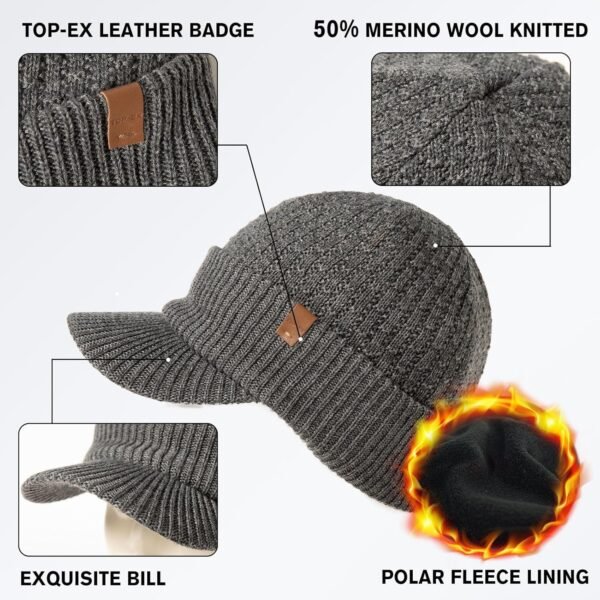 TOP-EX L/XL/XXL 50% Merino Wool Waterproof All Weather Brim Beanie Fleece Lined Unisex - Image 6