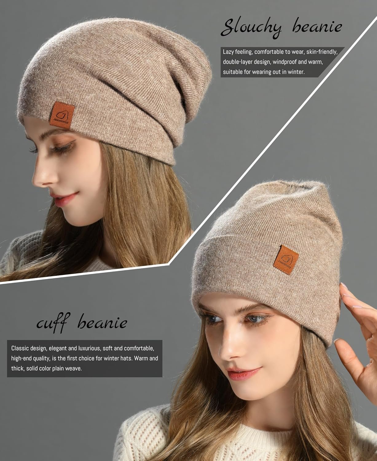 jaxmonoy Wool Cashmere Slouchy Knit Beanies Winter Hats for Women Soft Warm Double Layer Reversible Slouch Skull Beanie Cap - Image 4