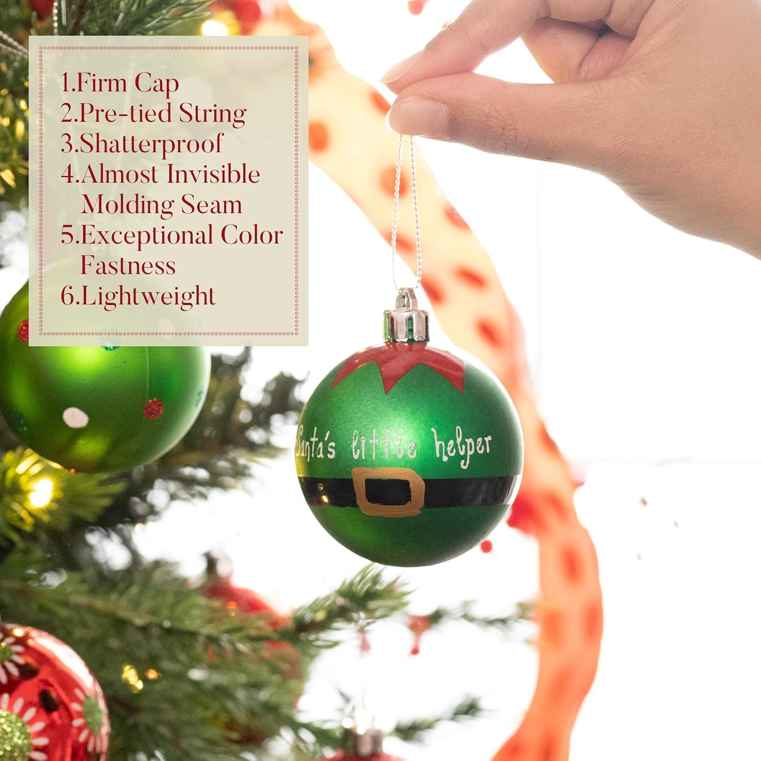 Valery Madelyn Christmas Ornaments Set, 24ct Elf Red Green White Shatterproof Christmas Tree Decorations Set, 2.36 Inch Decorative Hanging Ball Ornaments Bulk for Xmas Holiday Party Indoor Decor - Image 6
