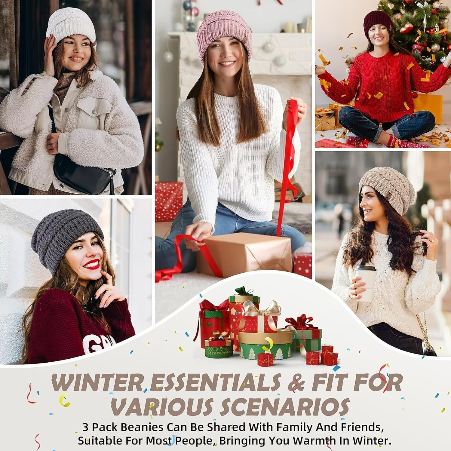 3 Pack Satin Lined Beanie for Women, Warm Slouchy Winter Hats with Silk Lined, Fashionable Oversized Cable Knit Hat Skull Cap - Image 8