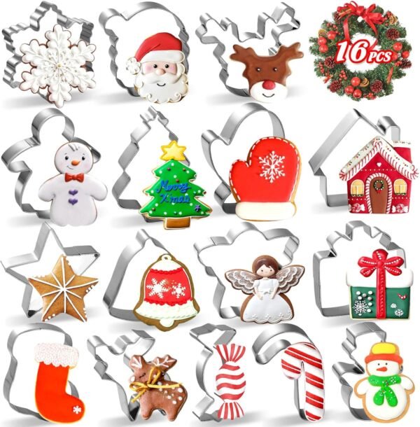 16PCS Christmas Cookie Cutters, Stainless Steel Metal Holiday Cookie Cutters Christmas Shapes, Mini Large Christmas Cookie Cutters Gingerbread, Snowflake, Christmas Tree, Sugar, Snowman - Image 2