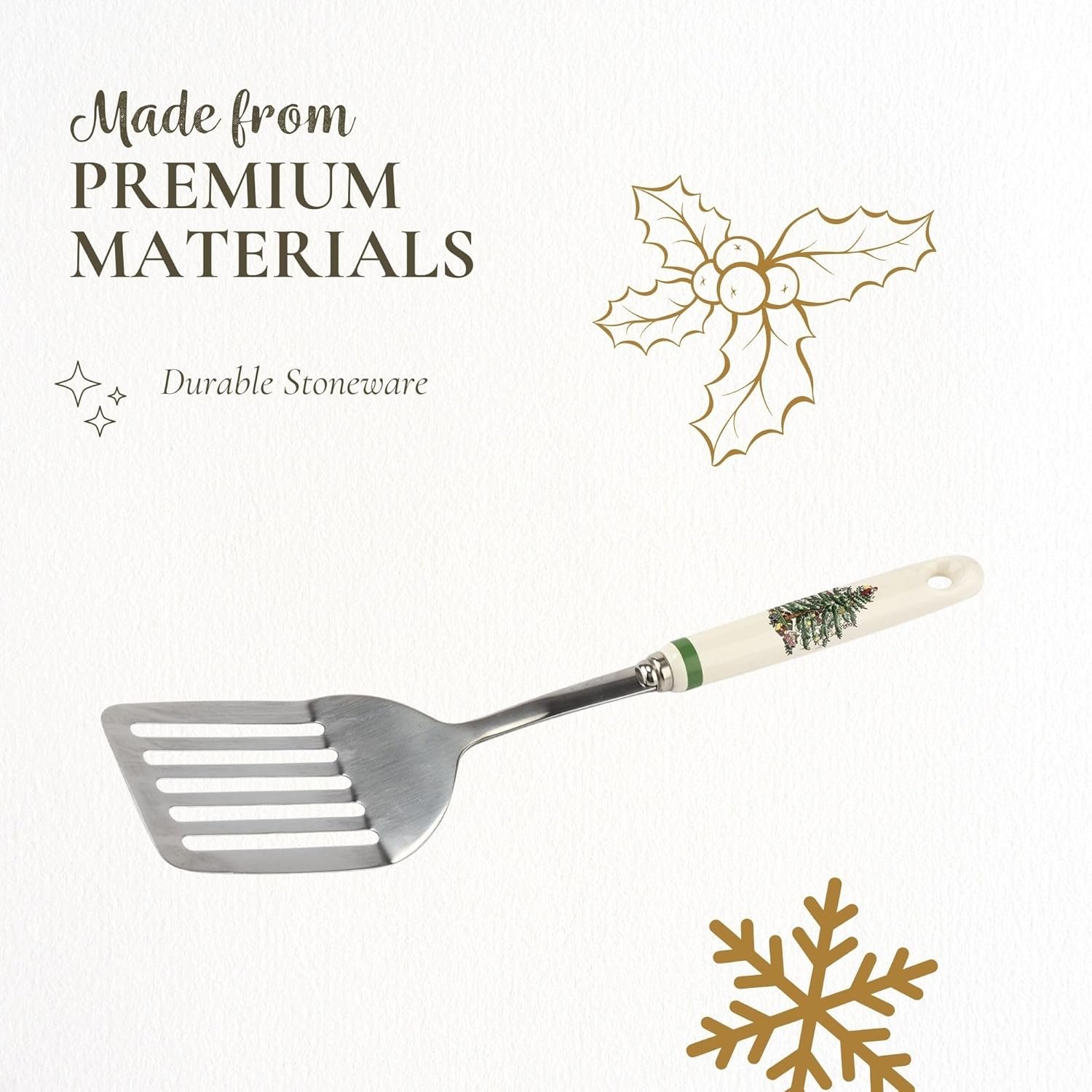 Spode Christmas Tree 13" Stainless Steel Slotted Spatula with Porcelain Handles - Holiday Serving Turner for Christmas Dinners & Holiday Parties - Kitchen Utensil for Holiday & Winter Celebrations - Image 5