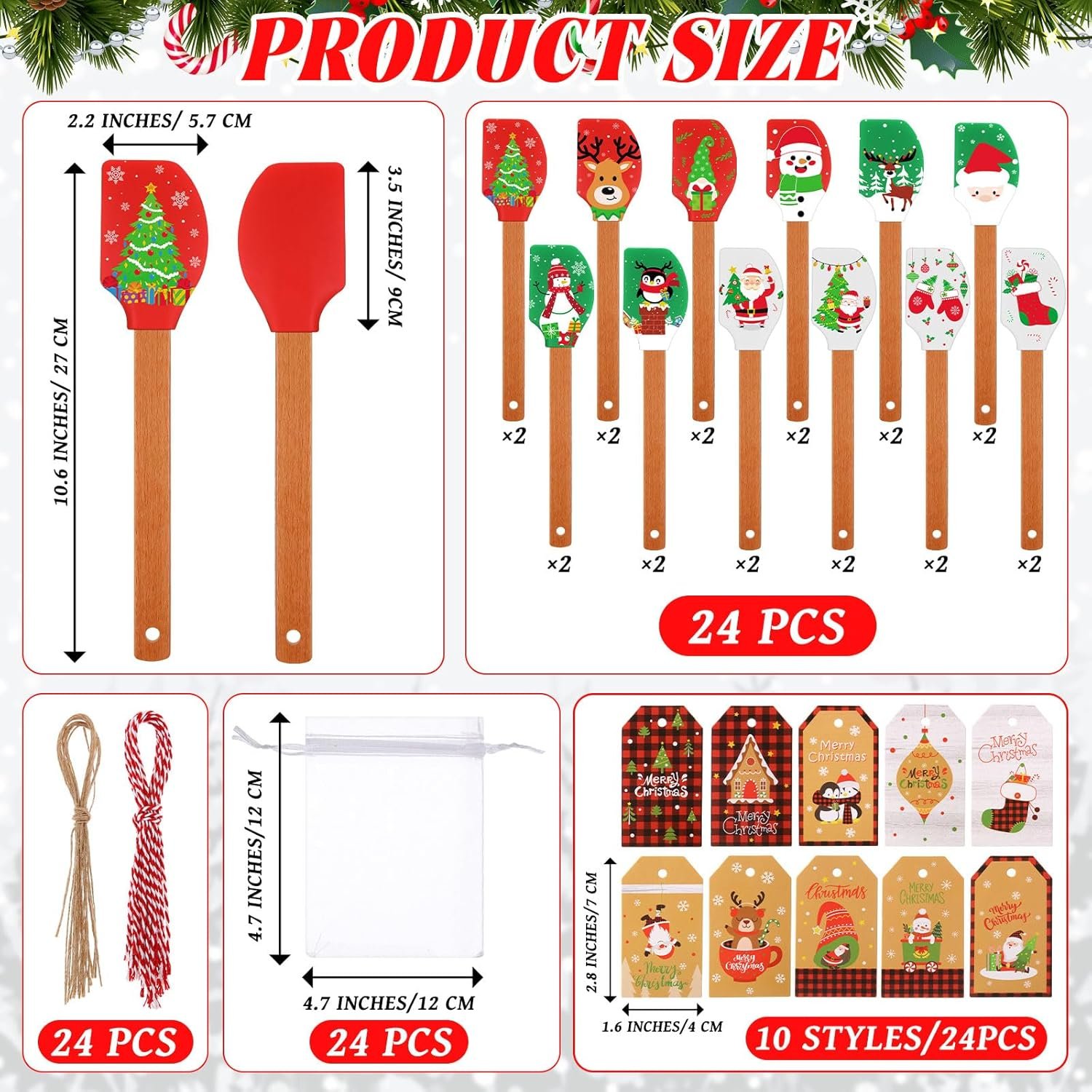 24 Set Christmas Silicone Spatula with Greeting Card Christmas Cake Spatula Xmas Baking Cooking Gift Heat Resistant Scraper with Wood Handle Santa Claus Reindeer Snowman Gingerbread Spatula - Image 3
