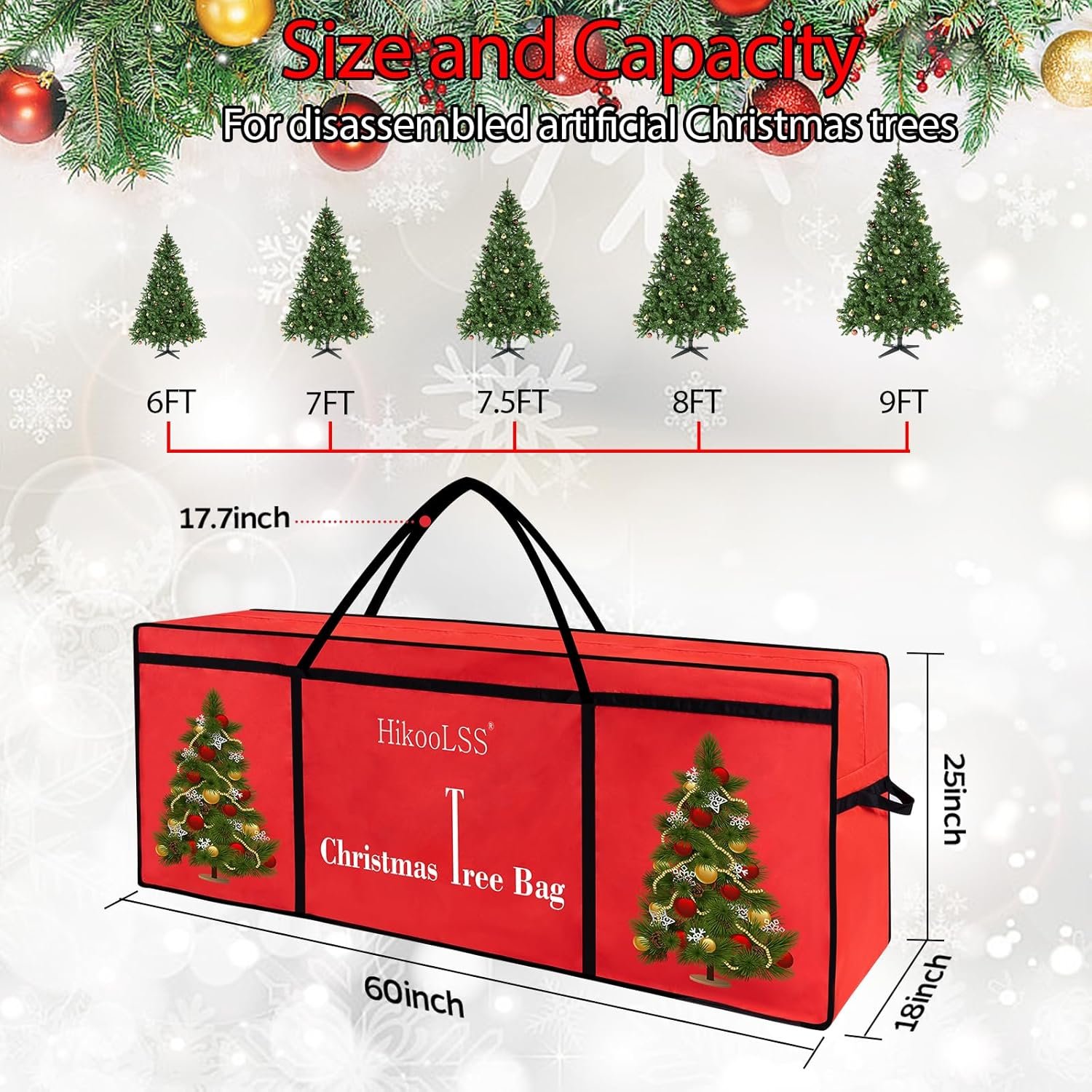 Christmas Tree Bags Storage 7.5 Ft Christmas Tree Storage Bag,Reusable Heavy Duty 600D Oxford Santa Tree Box/Container/Holder for Big Artificial Xmas Tree/Holiday Trees Red(60X18X25in) - Image 4