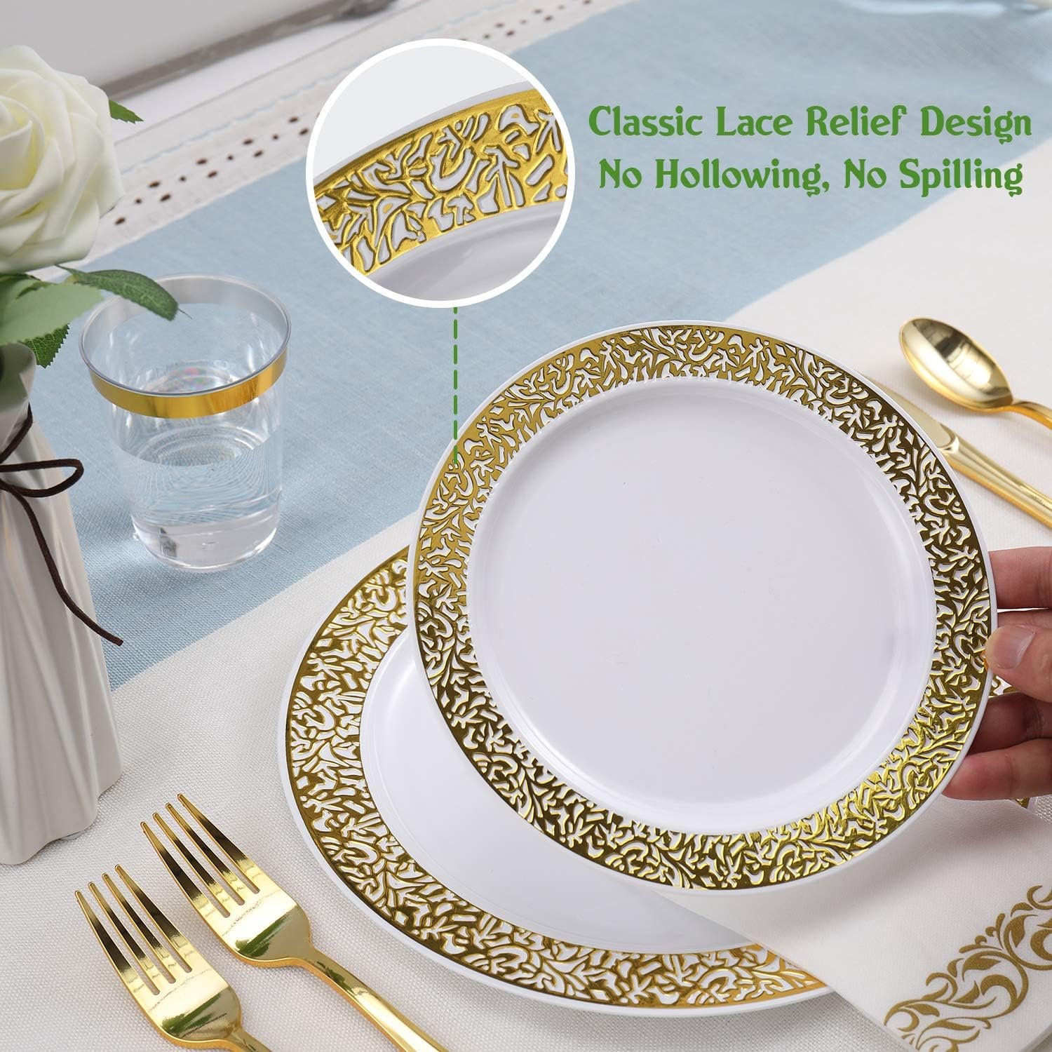 FOCUSLINE 350pcs Gold Dinnerware Set for 50 Guests, Gold Lace Plastic Plates Disposable Heavy Duty, Including 50 Dinner Plates, 50 Dessert Plates, 50 Cups, 50 Napkins, 50 Silverware Set - Image 3