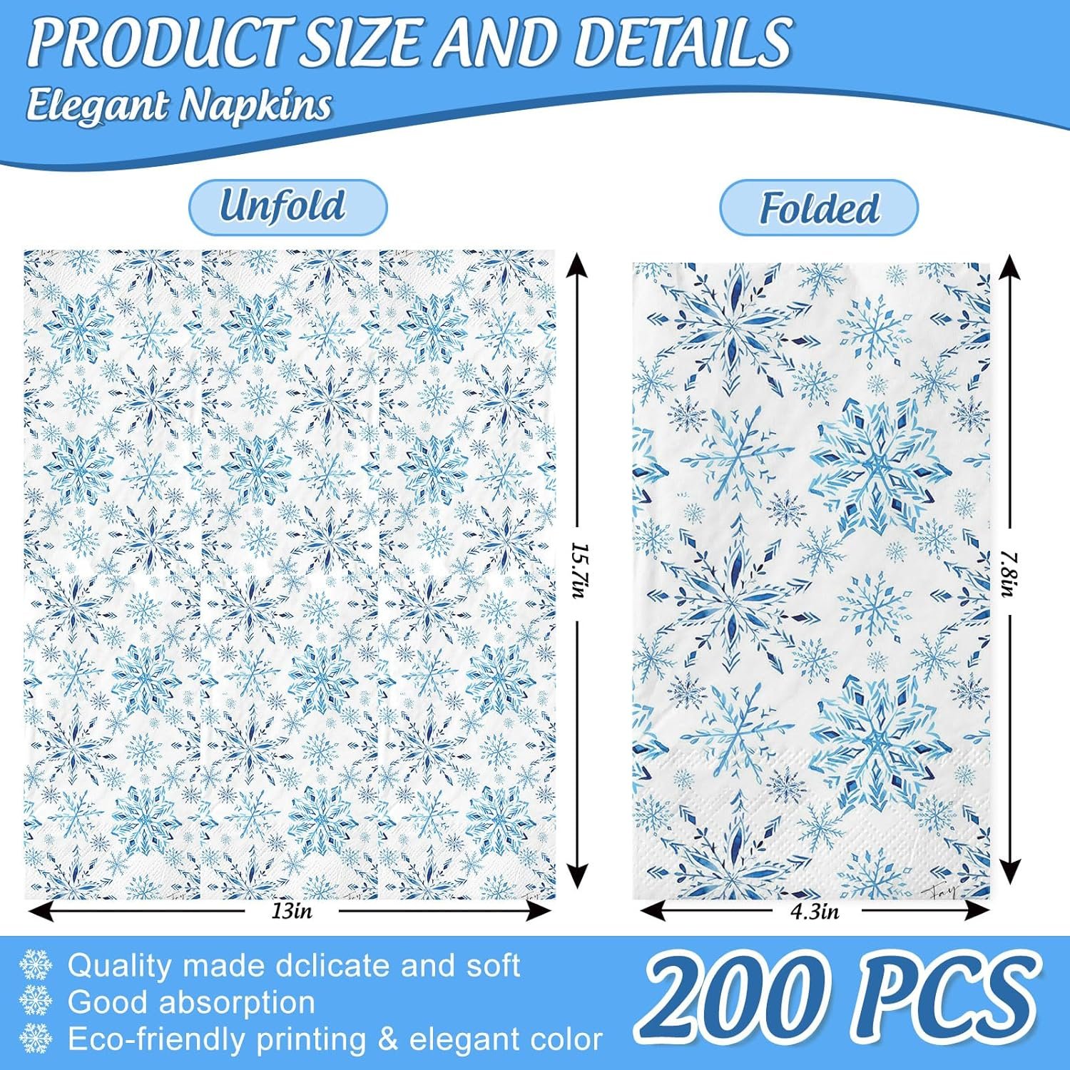200Pcs Christmas Snowflake Guest Napkins Watercolor Blue Snowflake Disposable Napkins Winter Xmas Dinner Hand Towel Paper Napkins for Bathroom Wedding Holiday Party Table Supplies - Image 3