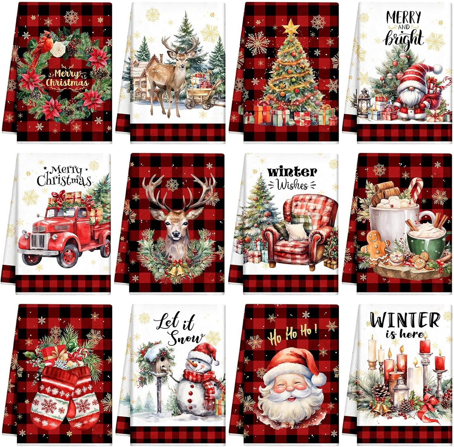 12 Pcs Christmas Kitchen Towels and Dishcloths Absorbent Christmas Tree Reindeer Truck Hand Towels Christmas Dish Towels Decoration for Xmas Home Gift, 14.2 x 21.3 Inch (Fresh Style) - Image 2