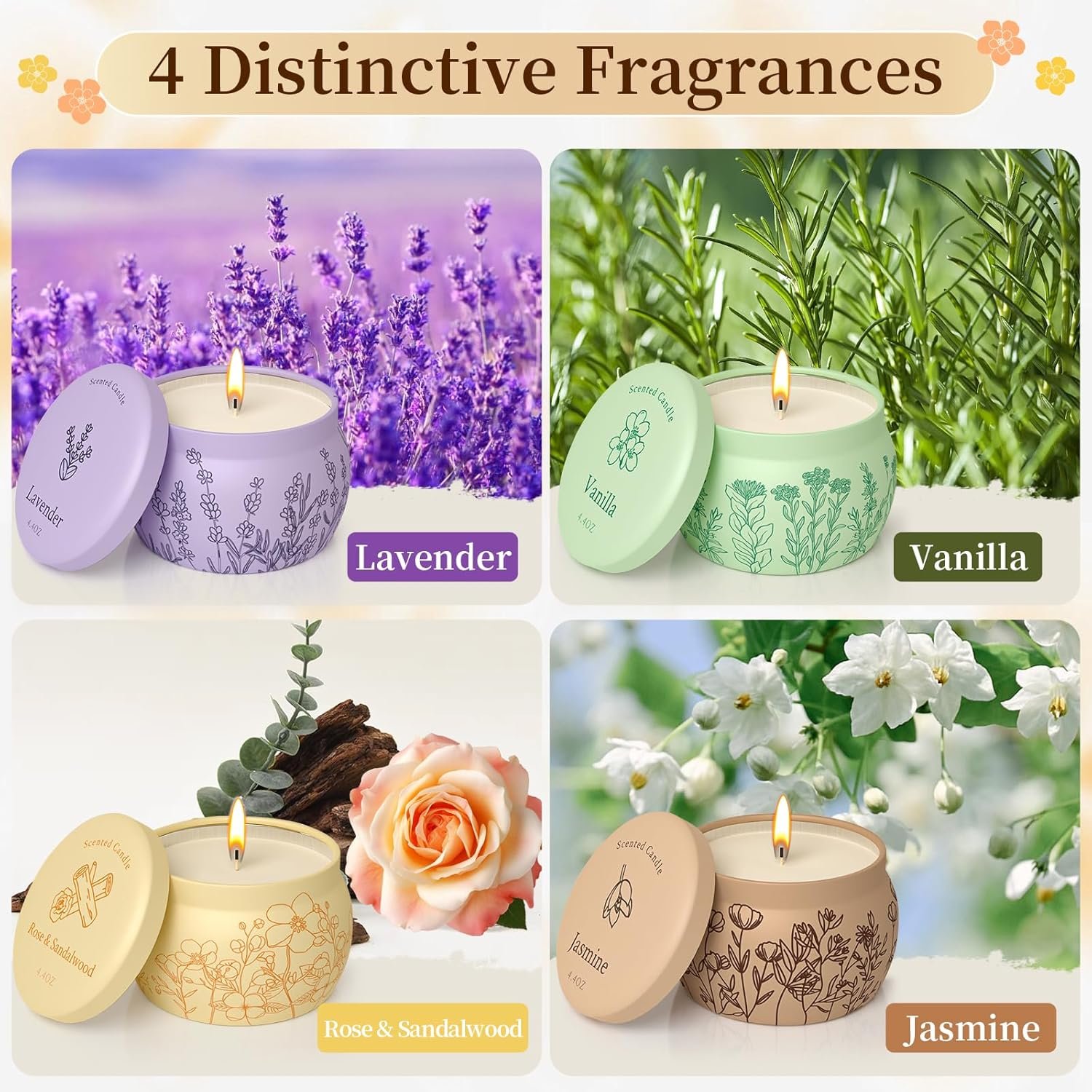 WarmEmbrace Scented Candles, 17.6oz Christmas Candles Presents for Mom Women Men, Candle Set, 120H Burning, Soy Candles for Home Scented, Lavender | Vanilla | Rose & Sandalwood | Jasmine - 4 Pack - Image 4