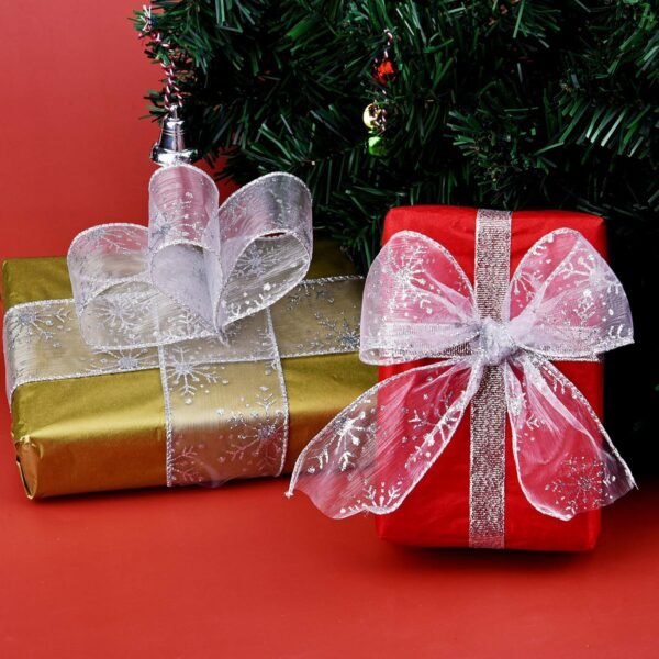 2.5 Inch Wide Christmas Wired Ribbon Snowflake Organza Sheer Glitter Ribbon for Xmas Tree, Wreath, Party Decoration, Gift Wrapping (Silver-White, 10.9 Yards) - Image 7