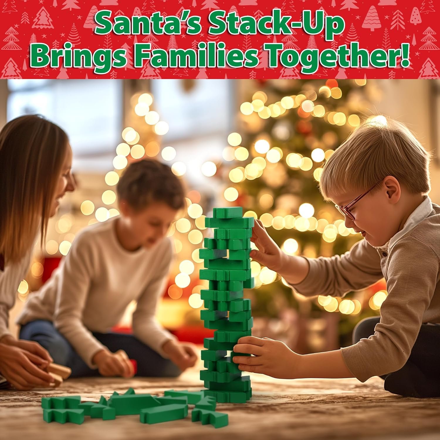 Funwares Wooden Blocks Stacking Game, Tumbling Tower and Balance Game, Family & Party Fun, Game for Kids and Adults, Ages 6+, Santa’s Christmas Tree Stack-Up, Christmas Tree Wood Blocks Stacking Game - Image 5