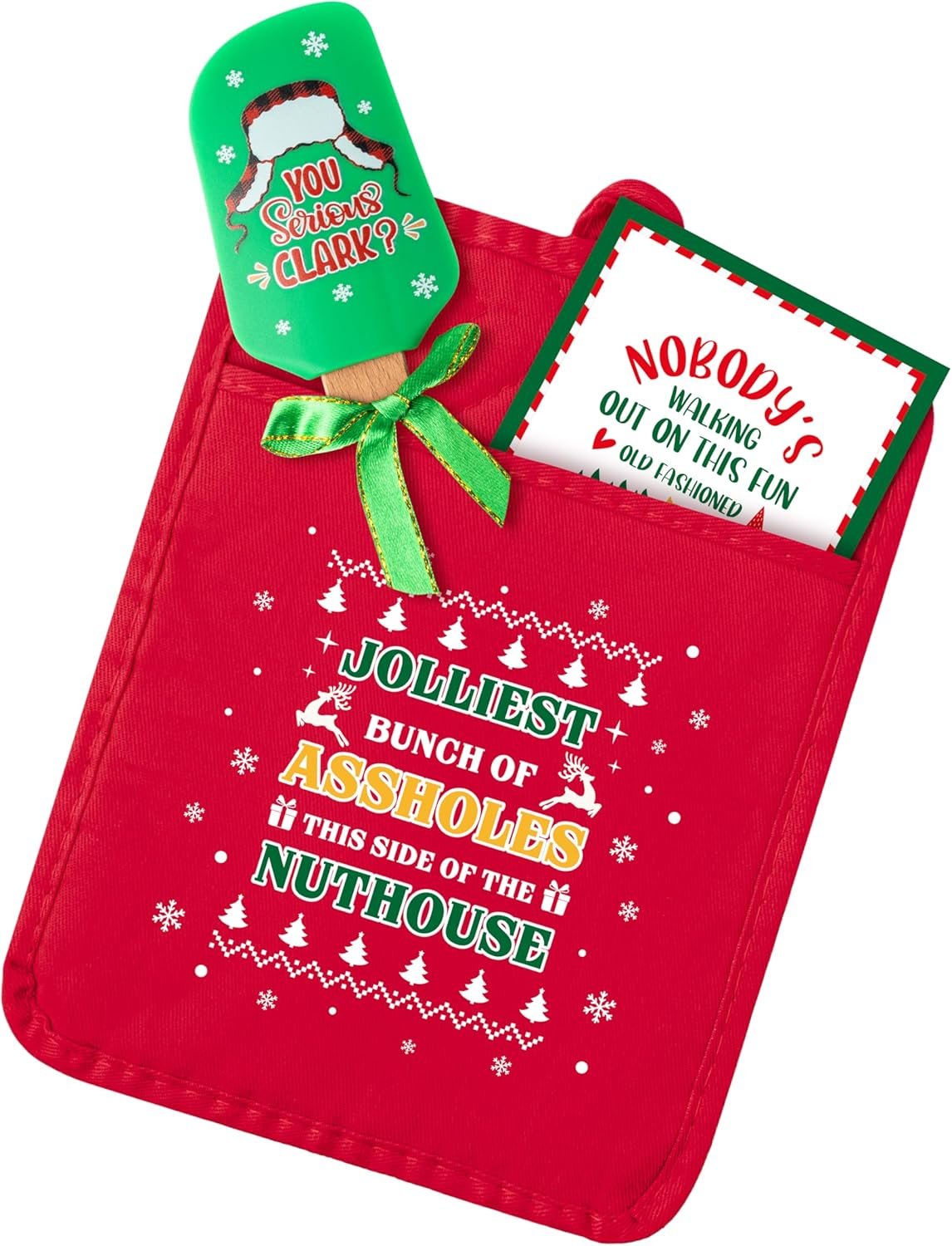 3Pc Funny Christmas Pot Holders with Silicone Spatula Gift Set, Heat Resistant Potholder with Pocket for Kitchen Winter Oven Mitts Xmas Cookie Bag Greeting Card Cooking Gifts for Family Friend Bakers - Image 2