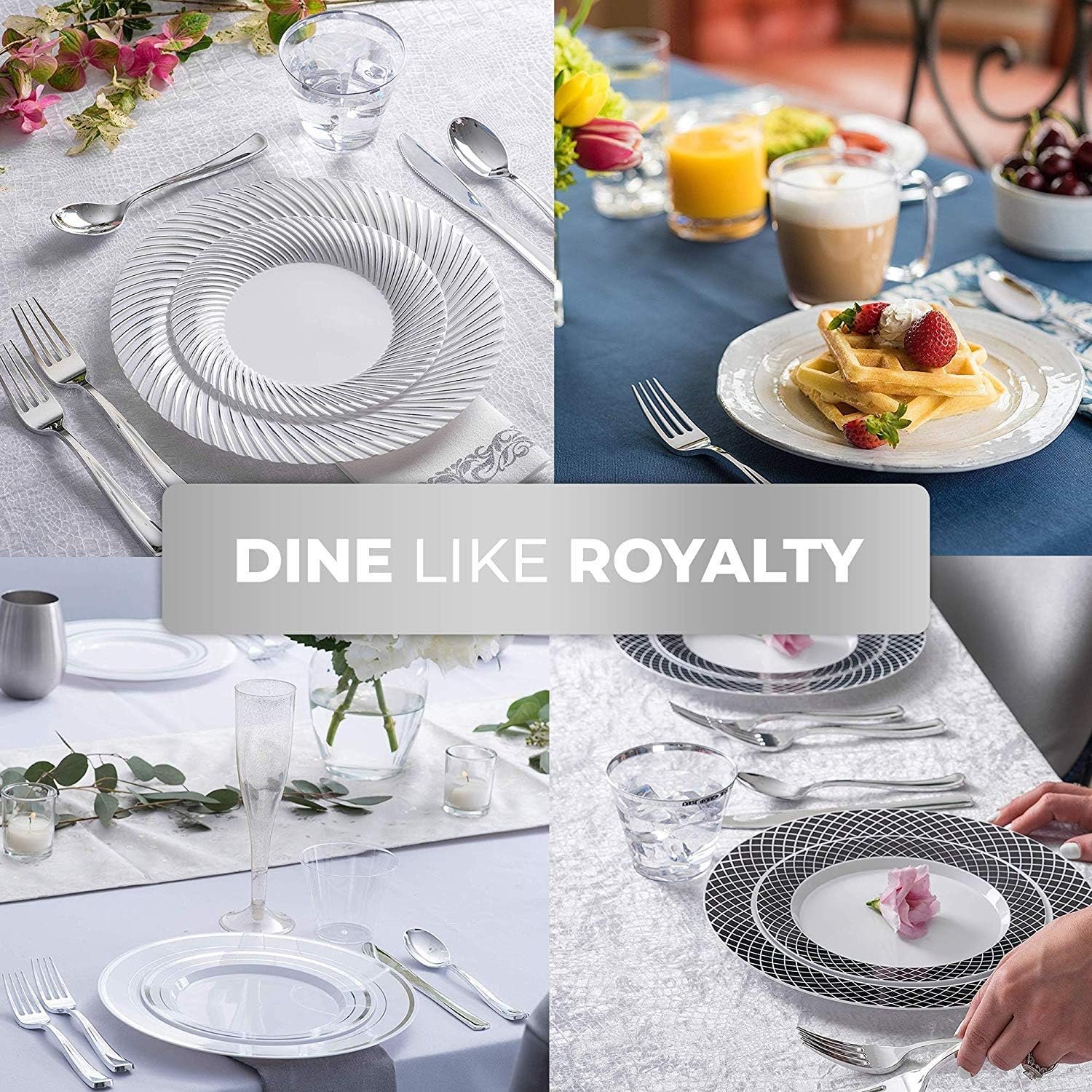125-Piece White and Silver Fancy Plastic Plates Disposable with Silverware, Elegant Dinnerware for Weddings, Holiday Party China, Set of 25 Dinner + Salad Plates, 25 Spoons, 25 Forks, 25 Knives - Image 3