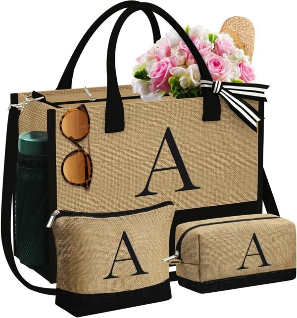 YOOLIFE Christmas Gifts for Women - Initial Jute Tote Bag & 2 Makeup Bags Birthday Gifts for Women Mom Teacher Friend Sister - Image 2