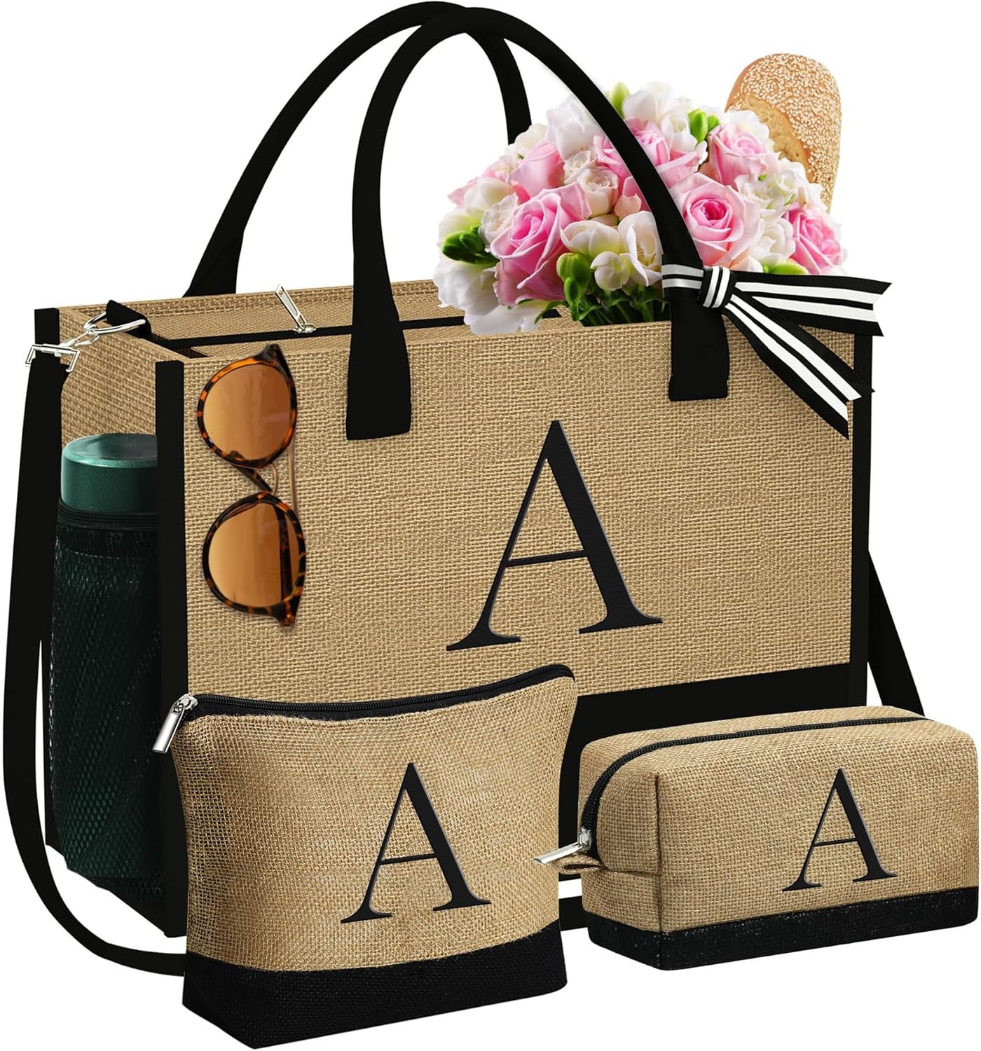 YOOLIFE Christmas Gifts for Women - Initial Jute Tote Bag & 2 Makeup Bags Birthday Gifts for Women Mom Teacher Friend Sister - Image 2
