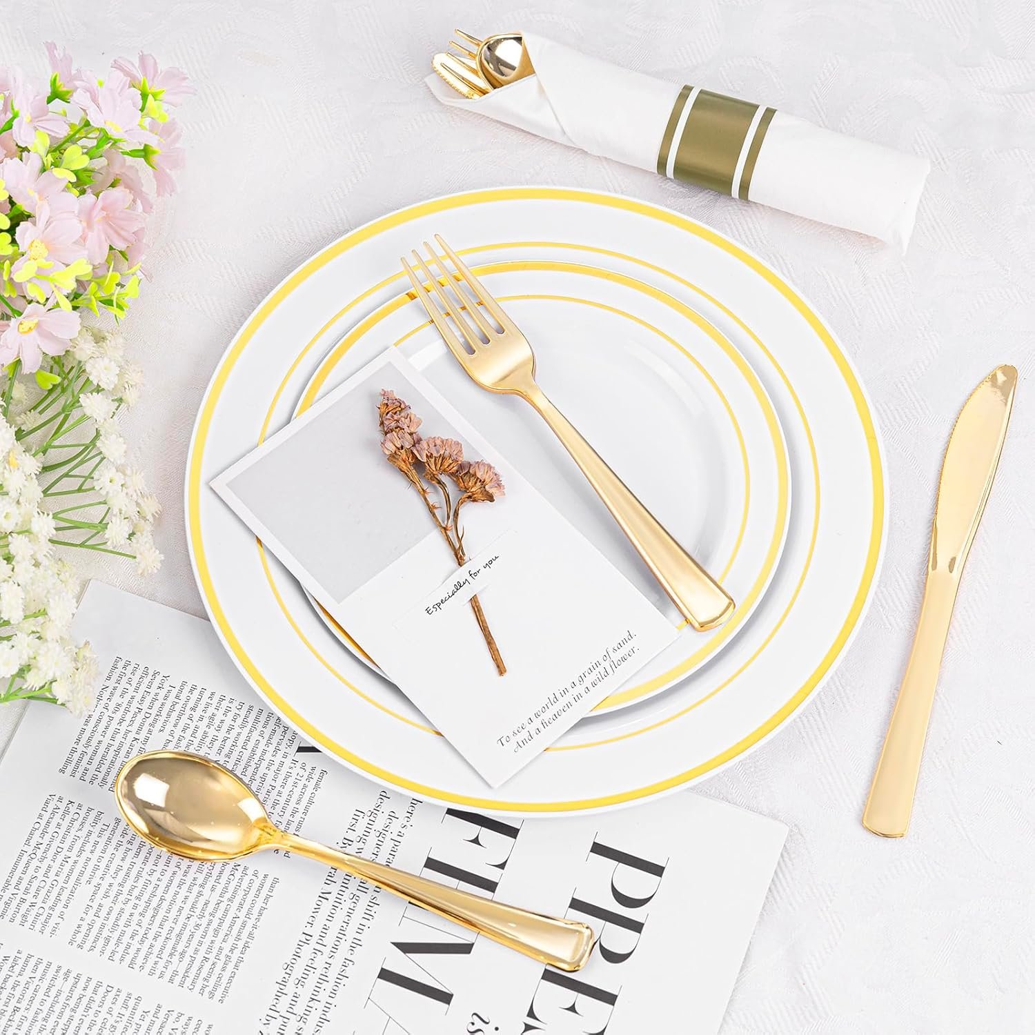 WELLIFE 350Pcs Gold Plastic Plates Set for 50 Guests - Disposable Plates for Party and Wedding,Party Supplies including Party Plates and Cups and Napkins Sets,White and Gold Plastic Plates - Image 7