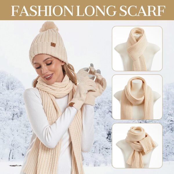 Womens Winter Beanie Hat Gloves Set Long Scarf Touchscreen Gloves Set with Fleece Lined Warm Knit Beanie Cap - Image 5