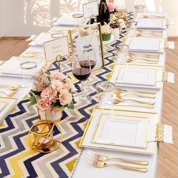 I00000 150PCS Gold plastic dinnerware set,White Gold Square Plates, Disposable Square Gold Plates Includes 25 Dinner Plates 25Dessert Plates 25Cups 25Plastic Cutlery for Christmas Party - Image 9