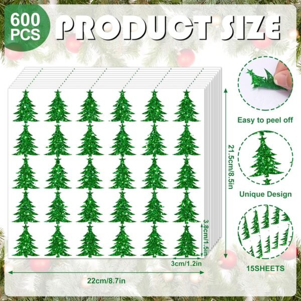Whaline 450Pcs Christmas Tree Glitter Stickers Shiny Xmas Tree Envelop Seal Stickers Self-Adhesive Holiday Label Decals for Invitation Greeting Card Envelope Scrapbook Bottle Cup Seals - Image 3