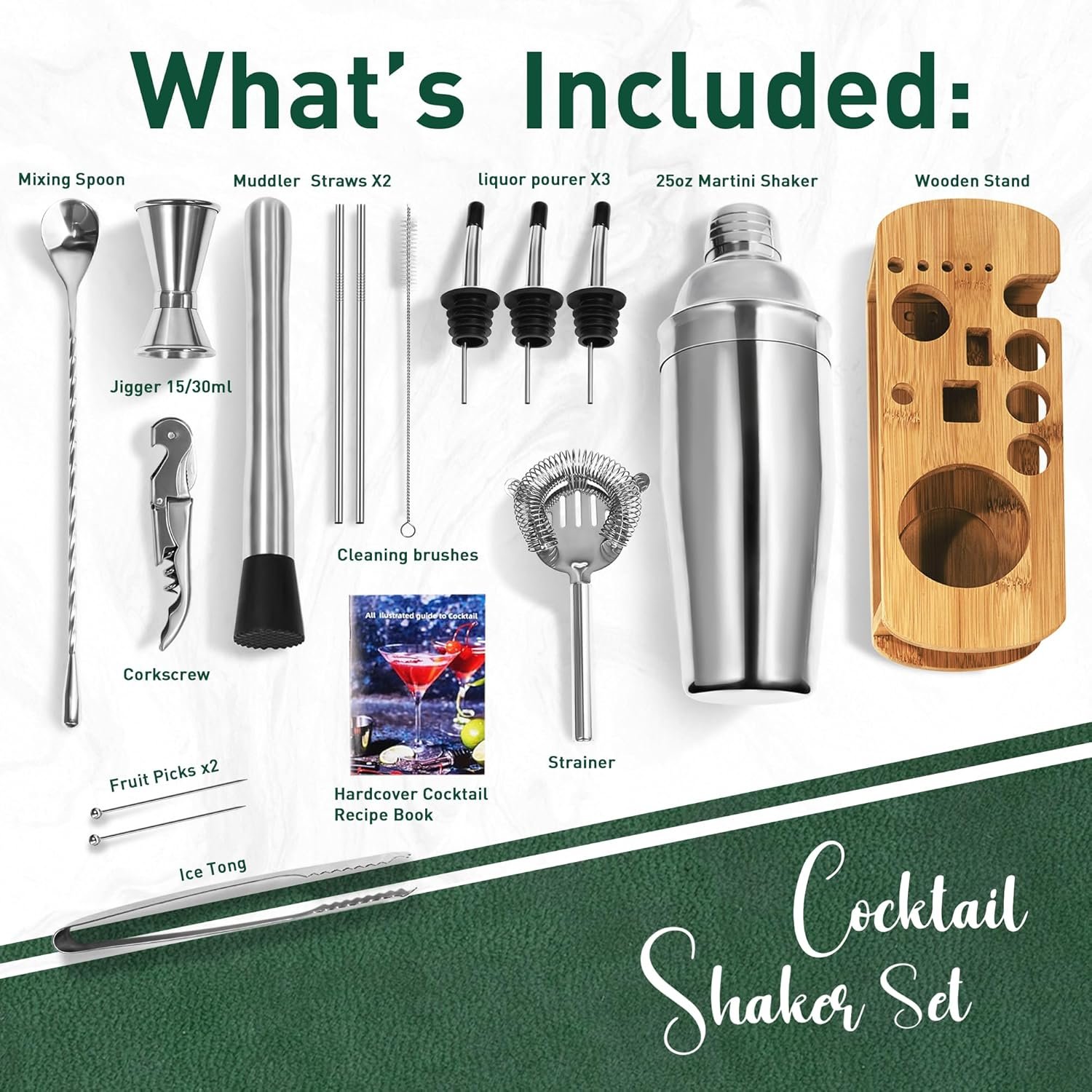 Cocktail Shaker Set Mixology Bartender Kit with Stand, 17 Piece Bar Tool Set: Martini Shaker, Jigger, Strainer, Mixer Spoon, Muddler, Liquor Pourers for Drink Mixing Bartending Kit(Silver) - Image 3