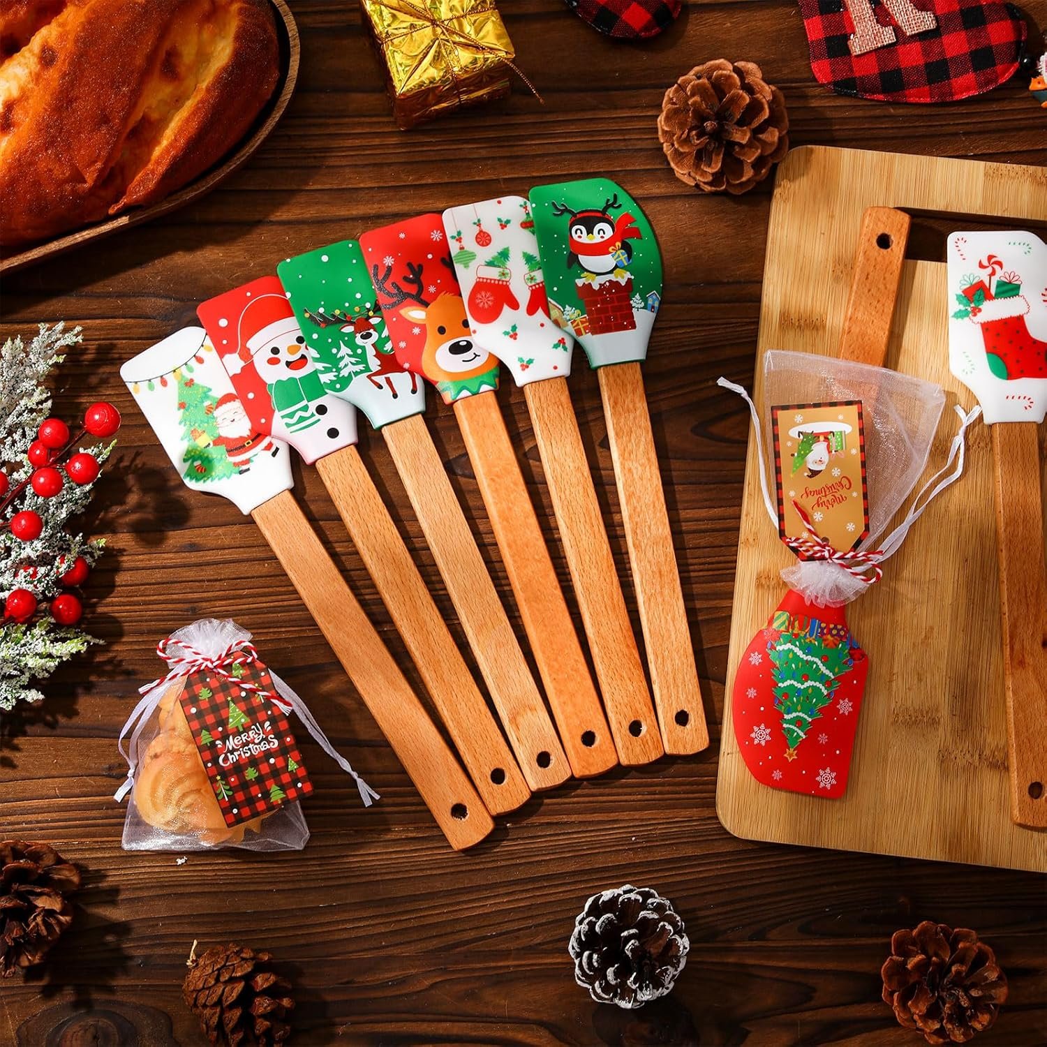 24 Set Christmas Silicone Spatula with Greeting Card Christmas Cake Spatula Xmas Baking Cooking Gift Heat Resistant Scraper with Wood Handle Santa Claus Reindeer Snowman Gingerbread Spatula - Image 7