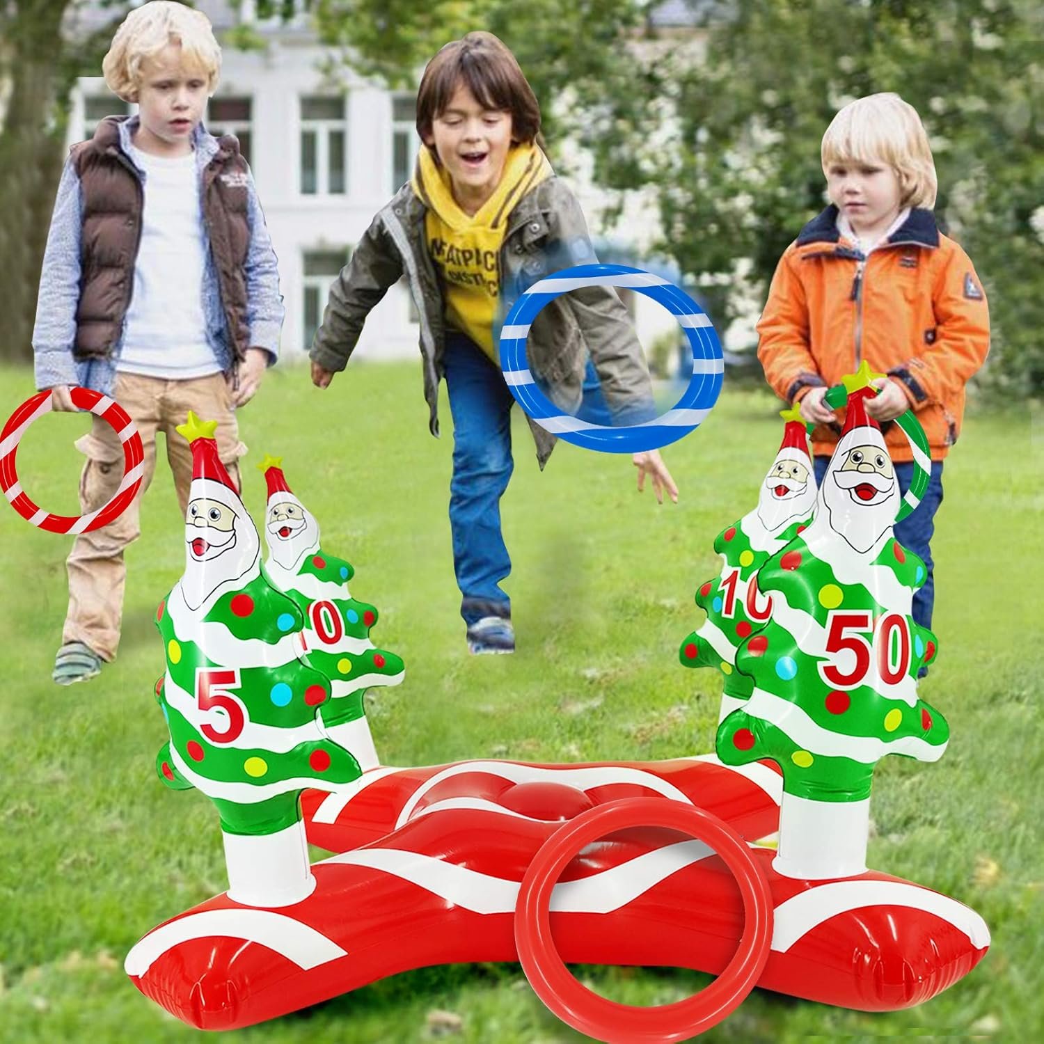 TURNMEON Giant Inflatable Christmas Tree Ring Toss Party Game Toys Kids Adults Family Stocking Stuffers Christmas Party Supplies Favors Decoration Indoor Outdoor Games(4 Score Santa Base, 4 Rings) - Image 6