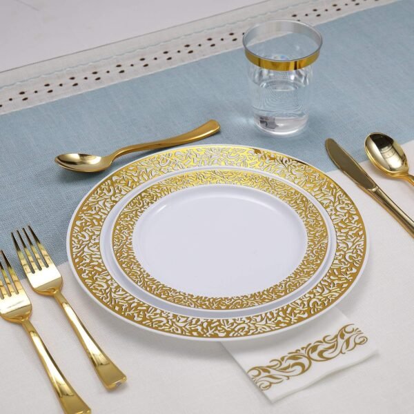 FOCUSLINE 350pcs Gold Dinnerware Set for 50 Guests, Gold Lace Plastic Plates Disposable Heavy Duty, Including 50 Dinner Plates, 50 Dessert Plates, 50 Cups, 50 Napkins, 50 Silverware Set - Image 6