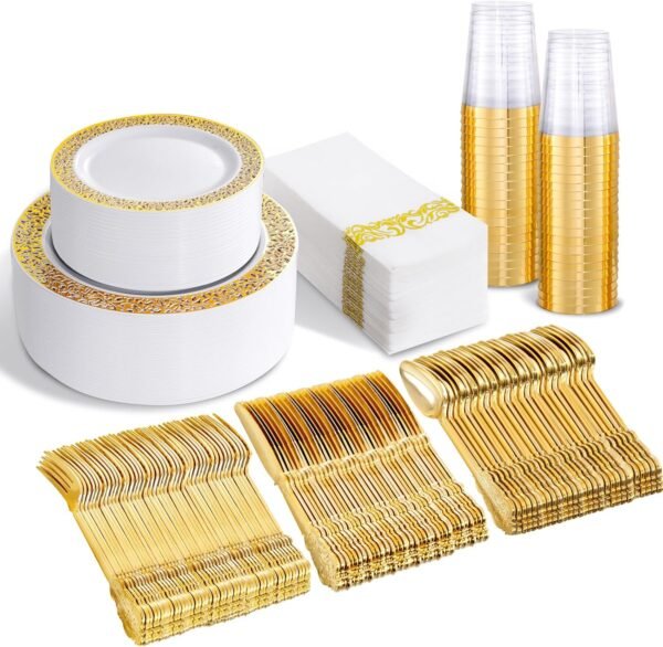bUCLA 350PCS Gold Plastic Dinnerware Set for 50 Guests - Gold Plastic Plates Disposable for Party Include 100 Plates,50 Forks, 50 Knives, 50 Spoons,50 Cups,50 Napkins for Thanksgiving - Image 2