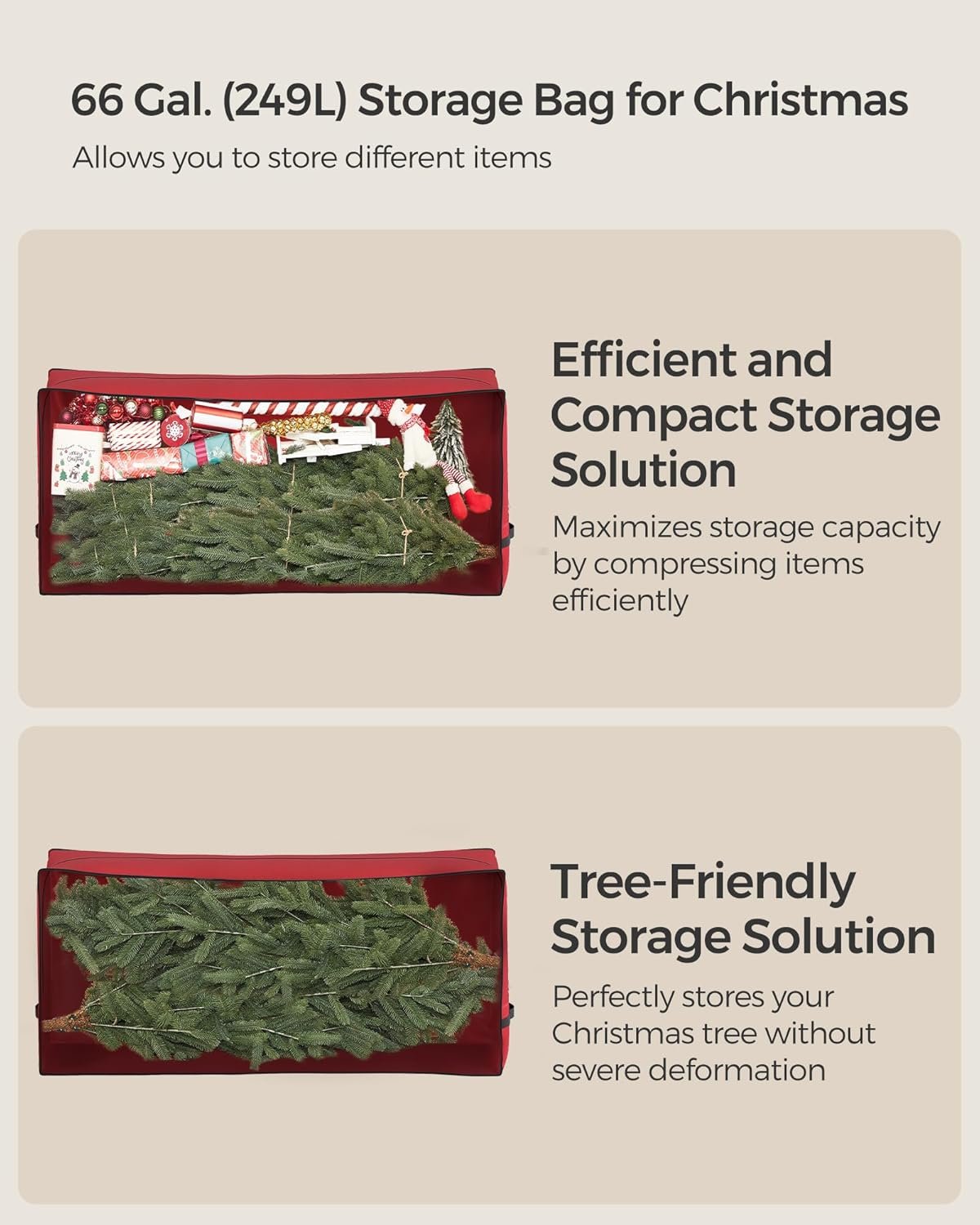 SONGMICS Christmas Tree Storage Bag with 1.6-Inch Wheels, Rolling Storage Bag, up to 7.5 ft, For Disassembled Holiday Tree, Length-Adjustable Handles, 600D Oxford Fabric, Cherry Red URXS004R03 - Image 7