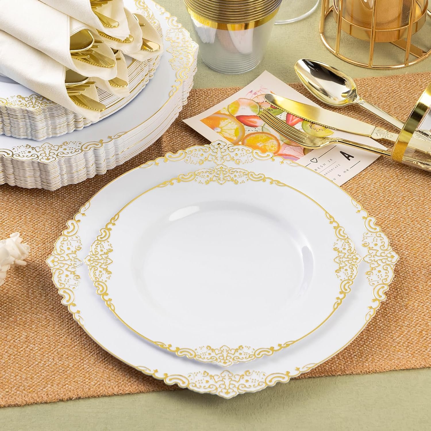 350PCS Gold Plastic Plates for 50 Guests, Disposable Dinnerware Sets Include 100 Gold Rim Plastic Plates, 50 Silverware, 50 Pre Rolled Napkins for Party, Wedding, Birthday and Thanksgiving - Image 5
