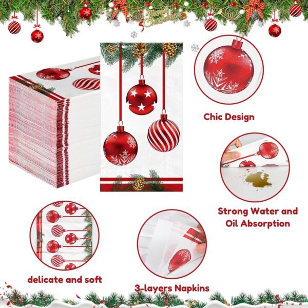 100 PCS Christmas Disposable Paper,3 Ply Decorative Guest Napkins,Xmas Balls for Party Lunch Dinner Kitchen Bathroom Table Decor - Image 4