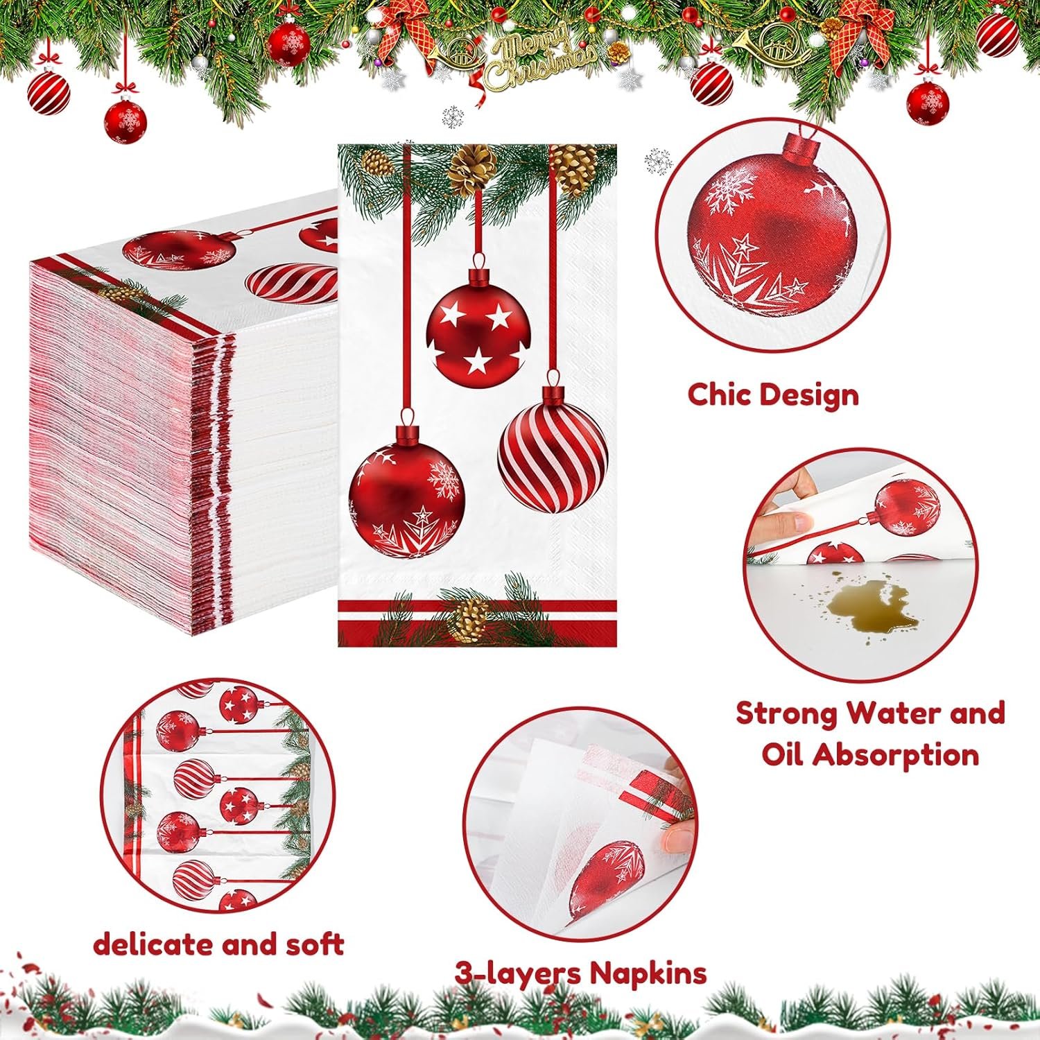 100 PCS Christmas Disposable Paper,3 Ply Decorative Guest Napkins,Xmas Balls for Party Lunch Dinner Kitchen Bathroom Table Decor - Image 4