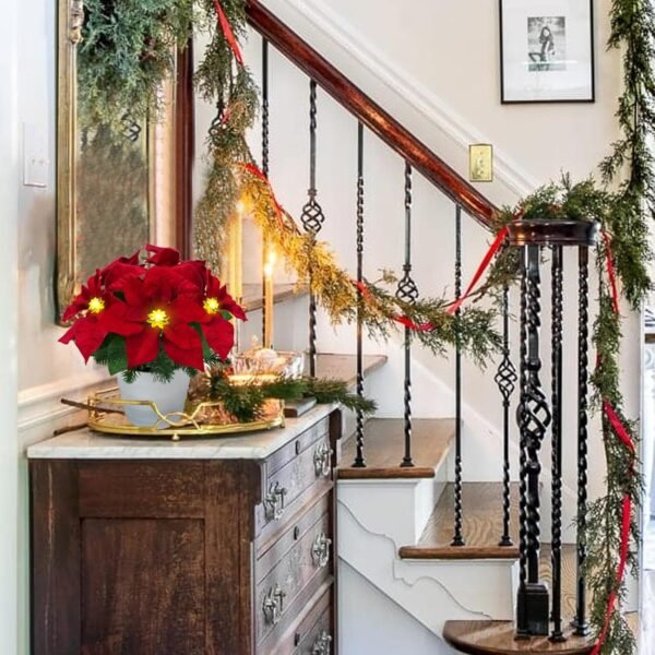 Christmas Artificial Flowers LED Lighted Poinsettias Pine Neddle Potted Christmas Decorations Indoor Home Xmas Table Centerpieces Winter Holiday 12Inch - Image 6