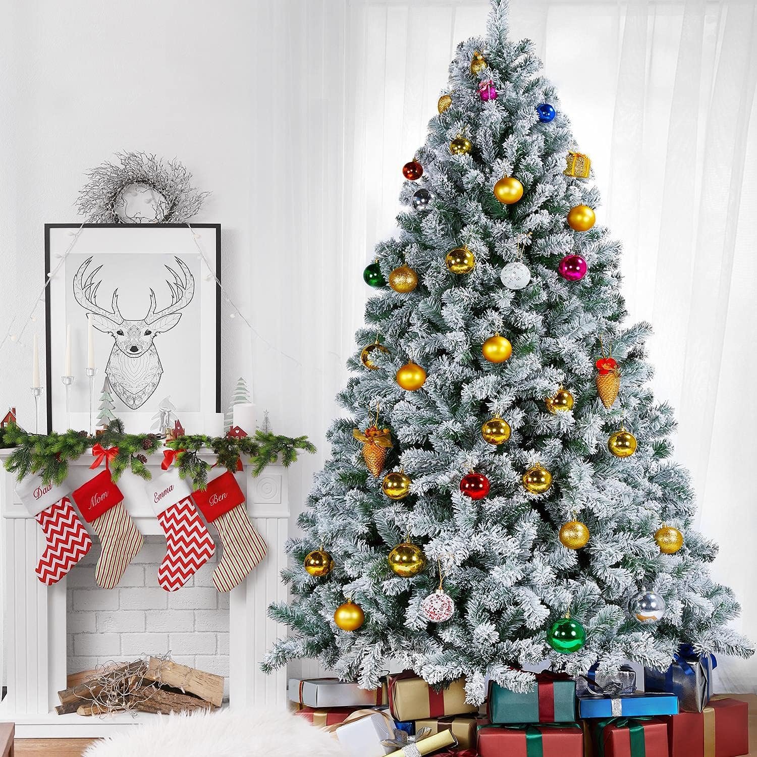 Yaheetech 7.5ft Premium Snow Flocked Hinged Artificial Christmas Fake Spruce Full Tree for Home Office Party Decoration with 1284 Branch White Snow Tips and Metal Stand - Image 3