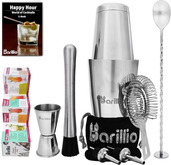 Barillio Boston Shaker Set - Stainless-Steel, Weighted, Martini Cocktail Shaker Set w/Strainer & Mixer - Mixology Bartender Kit - Bar Set for The Home - 9-pc Drink Shaker Set - Bar Tools - Silver - Image 2