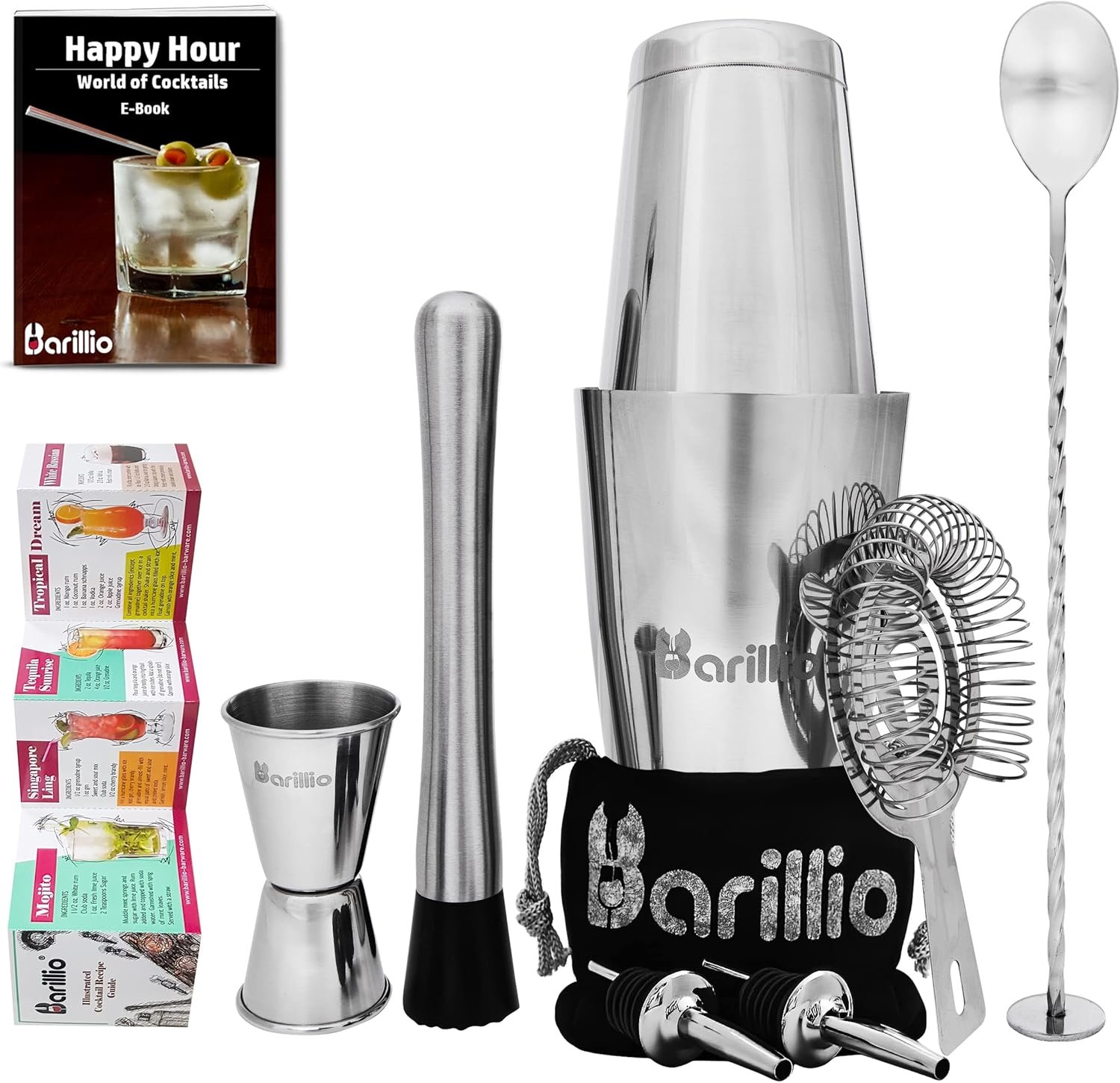 Barillio Boston Shaker Set - Stainless-Steel, Weighted, Martini Cocktail Shaker Set w/Strainer & Mixer - Mixology Bartender Kit - Bar Set for The Home - 9-pc Drink Shaker Set - Bar Tools - Silver - Image 2
