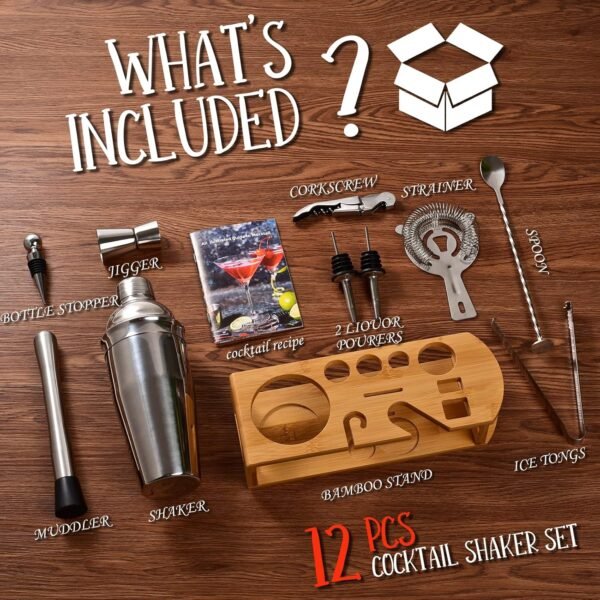 Cocktail Shaker Set Bartender Kit : 12-Piece Bar Tool Set with Bamboo Stand | Bar Set with All Practical Bar Accessories, for Drink Mixing, Bar, Home, Lounge & Party (Silver) - Image 3