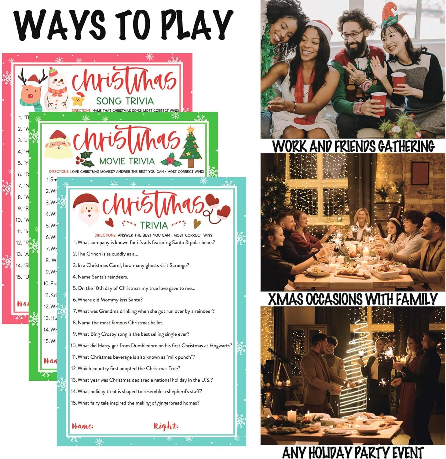 KMLIFE 63 Pcs Christmas Trivia Party Game Cards, 3 Themes Xmas Holiday Guessing Activity for Adults Families Friends, Kids, Groups and Coworkers, Annual Festive Events Party Decorations - Image 4