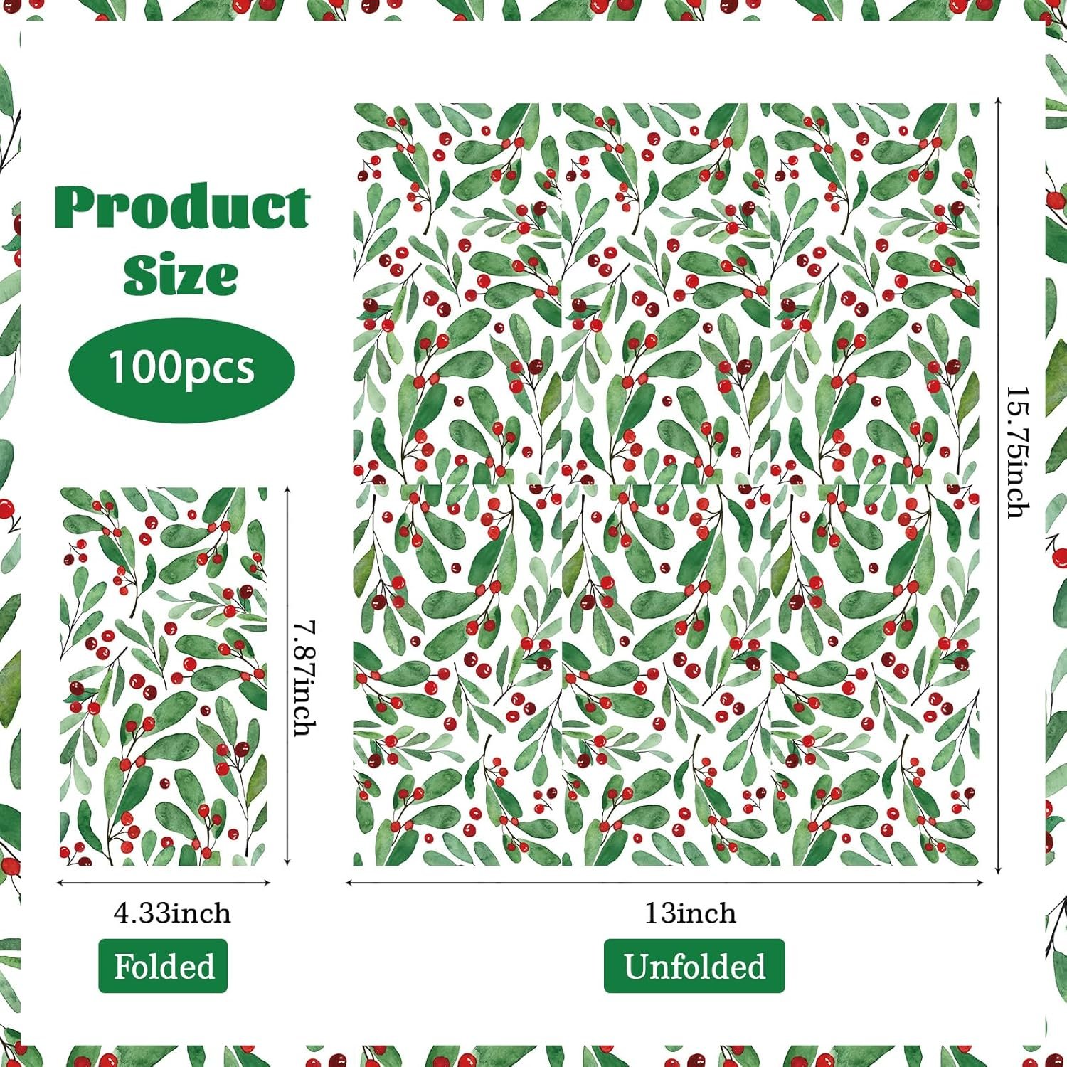 100Pcs Christmas Paper Napkins Disposable 3 Ply Watercolor Holly Leaves Berries Napkins Christmas Dinner Napkins Disposable Hand Towels for Bathroom Home Kitchen Christmas Party Decorations - Image 4