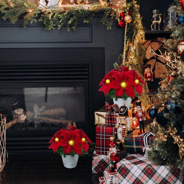 Christmas Artificial Flowers LED Lighted Poinsettias Pine Neddle Potted Christmas Decorations Indoor Home Xmas Table Centerpieces Winter Holiday 12Inch - Image 3