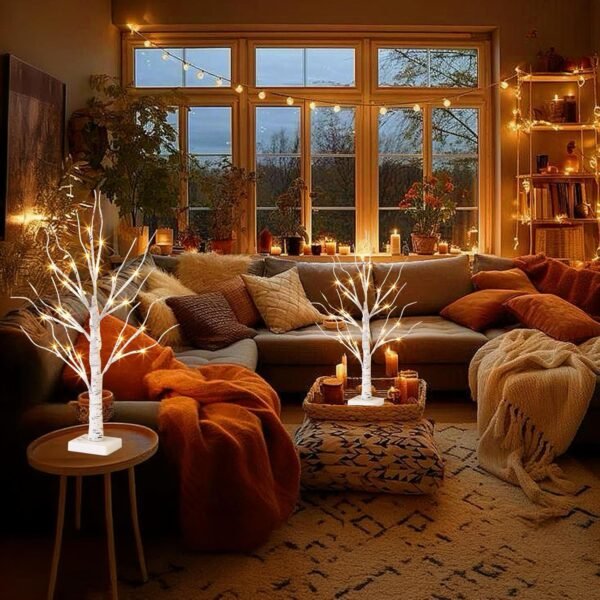 Vanthylit White Birch Tree with LED Lights - Set of 2, LED Tabletop Tree with Timer, Christmas Decorations Lighted Tree for Indoor Mantel Home Decor (2 FT, 24 LED) - Image 5