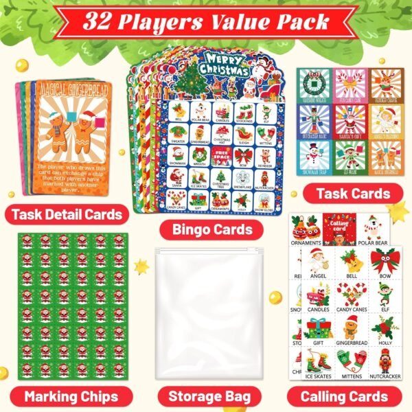56 Sheets Christmas Bingo Game, 32 Players Christmas Bingo Cards for Kids Adults Christmas Party Game for Family Large Group Winter Holiday Party Favor Kids Bingo - Image 4