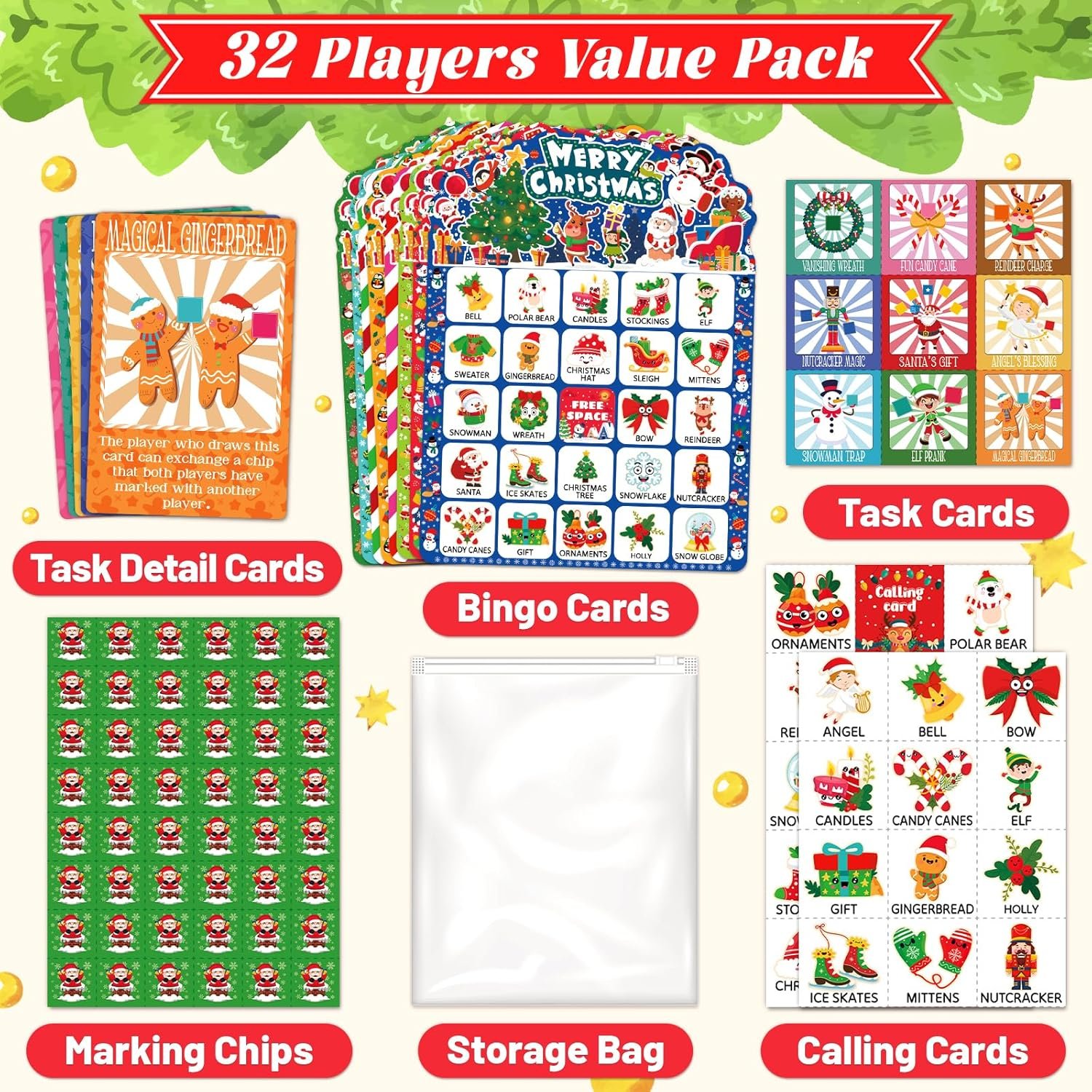 56 Sheets Christmas Bingo Game, 32 Players Christmas Bingo Cards for Kids Adults Christmas Party Game for Family Large Group Winter Holiday Party Favor Kids Bingo - Image 4