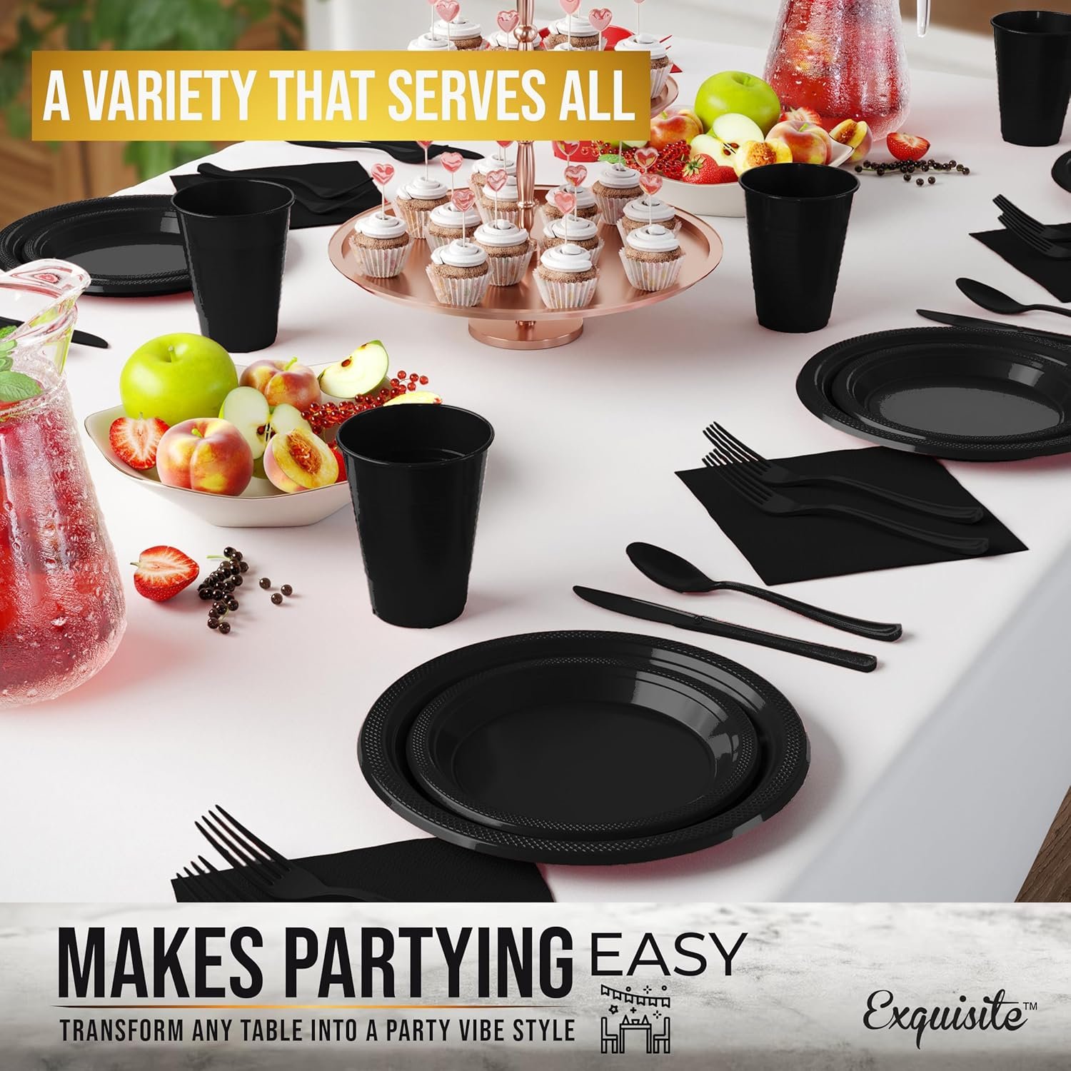 364 Pcs Black Disposable Plates For Party, Black Plastic Plates Set Includes: 52 Of Each 9" Plastic Dinner Plates, 7" Dessert Plates, Cups, Napkins & Cutlery Plastic Dinnerware Set Exquisite - Image 5
