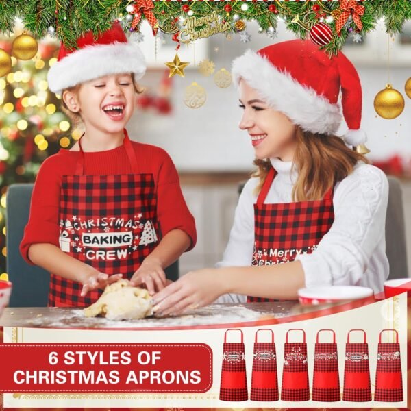 12 Pcs Christmas Aprons and Hats Sets Christmas Aprons with Pockets Adjustable Baking Aprons Include 6 Pcs Different Plaid Aprons and 6 Pcs Santa Hats for Women Men Waterproof Bib Aprons - Image 5